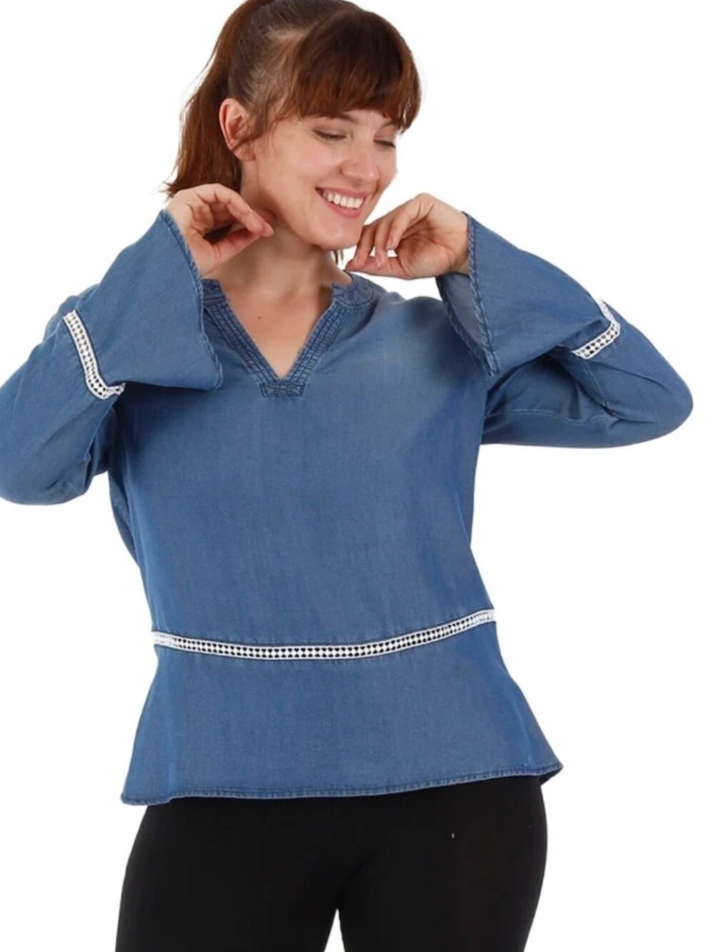 Madeline & Monroe Blouse Blue Chambray Lace Bell Sleeves Top Size